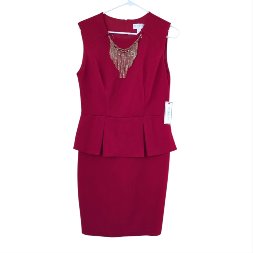 NWT Bisou Bisou Embellished Necklace Peplum Cocktail Dress 10 Red